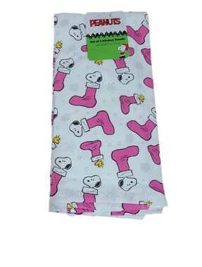 Peanuts Snoopy & Woodstock Pink Stocking Kitchen Towels Set of 2